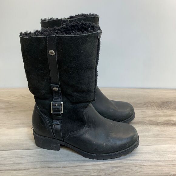 UGG Australia Women's 1914 Bellvue Sheepskin Leather Winter Boots Black Moto 6 - Picture 1 of 13